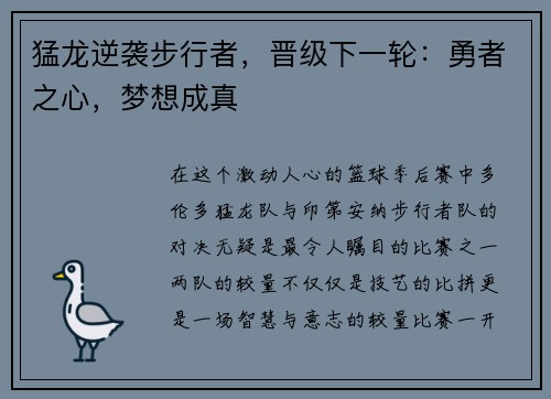 猛龙逆袭步行者，晋级下一轮：勇者之心，梦想成真